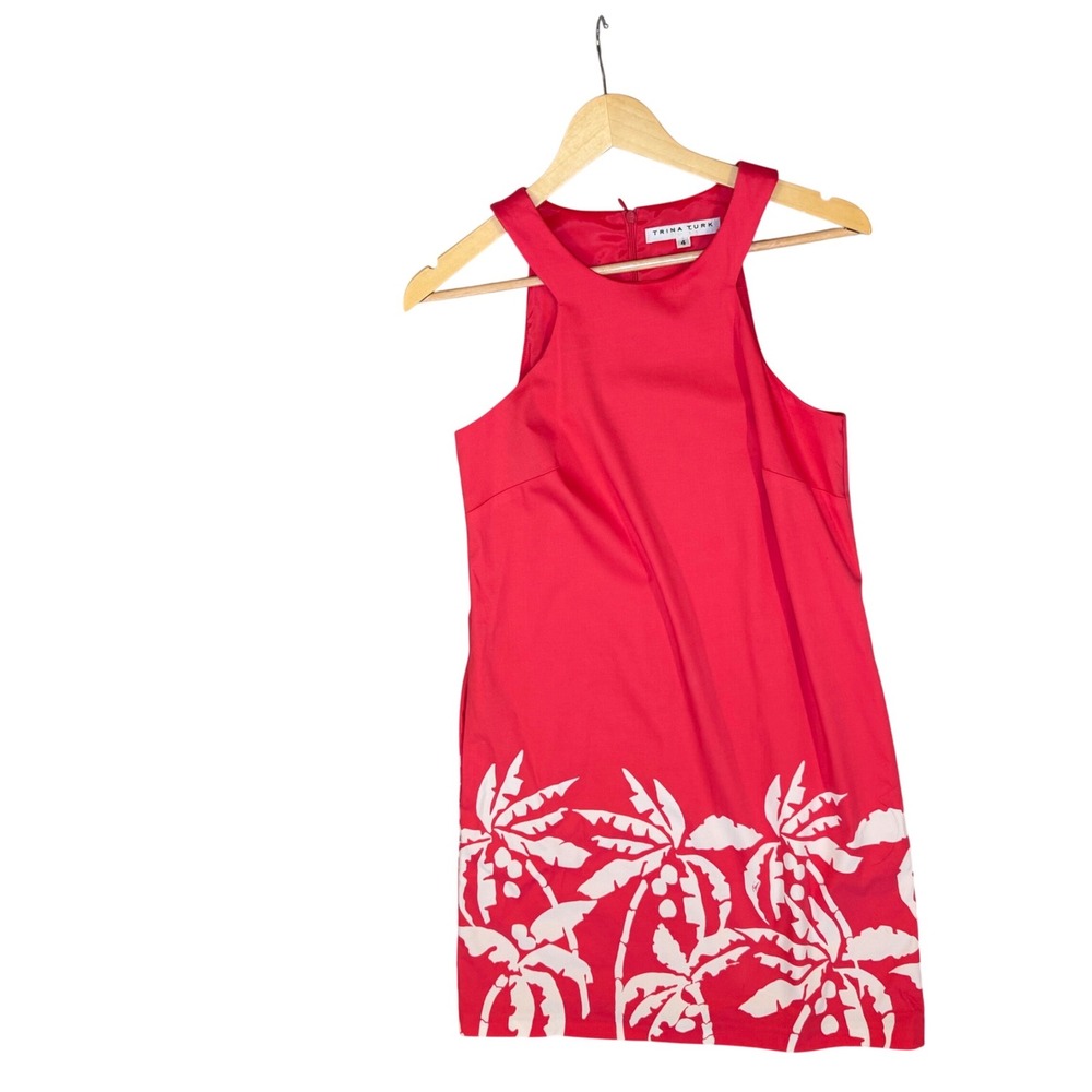 Trina Turk Palm Tree Shift Dress Women 4 Coral Pink Excellent Tropical High Neck - Picture 12 of 12